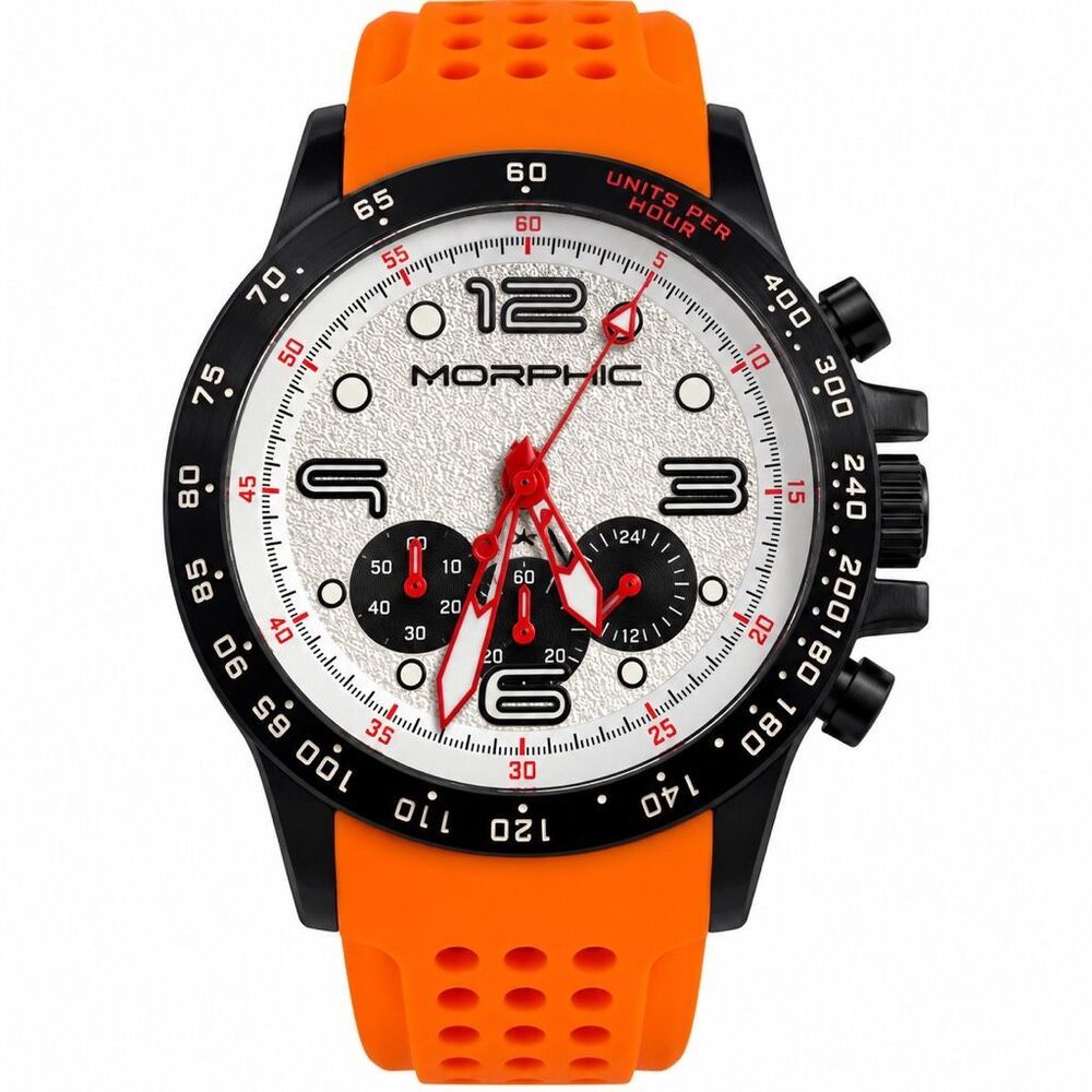 Morphic Men’s Chronograph Watch Orange Silicone Band Black Silver Dial Untested
